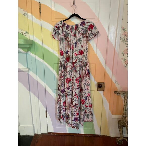 Guadalupe Women’s Maxi Dress Floral Bird Print Cotton Boho Peasant Off Shoulder - Picture 6 of 12